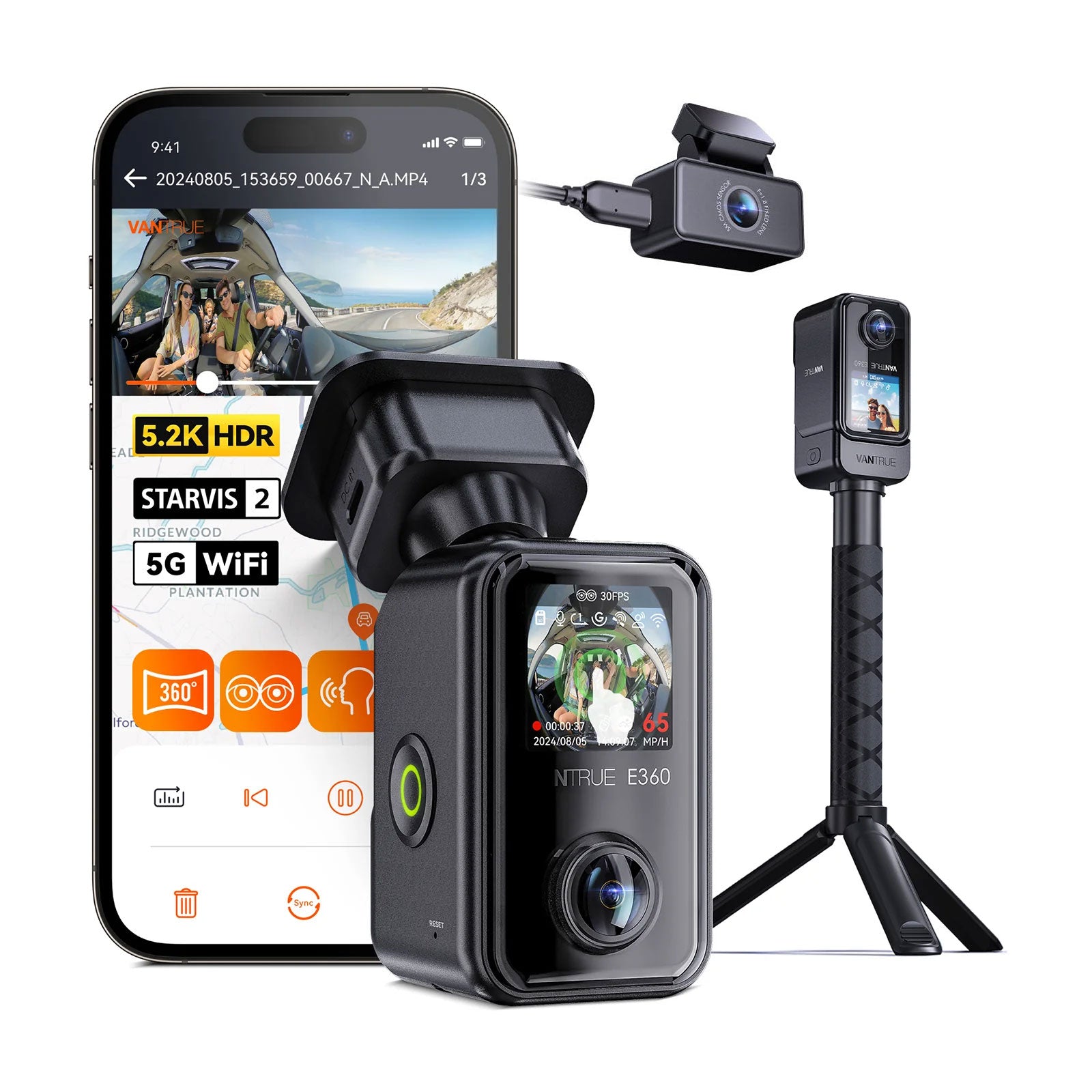 Vantrue E360 Ace Cloud 5K 3CH Wifi GPS 360 gradi dashcam