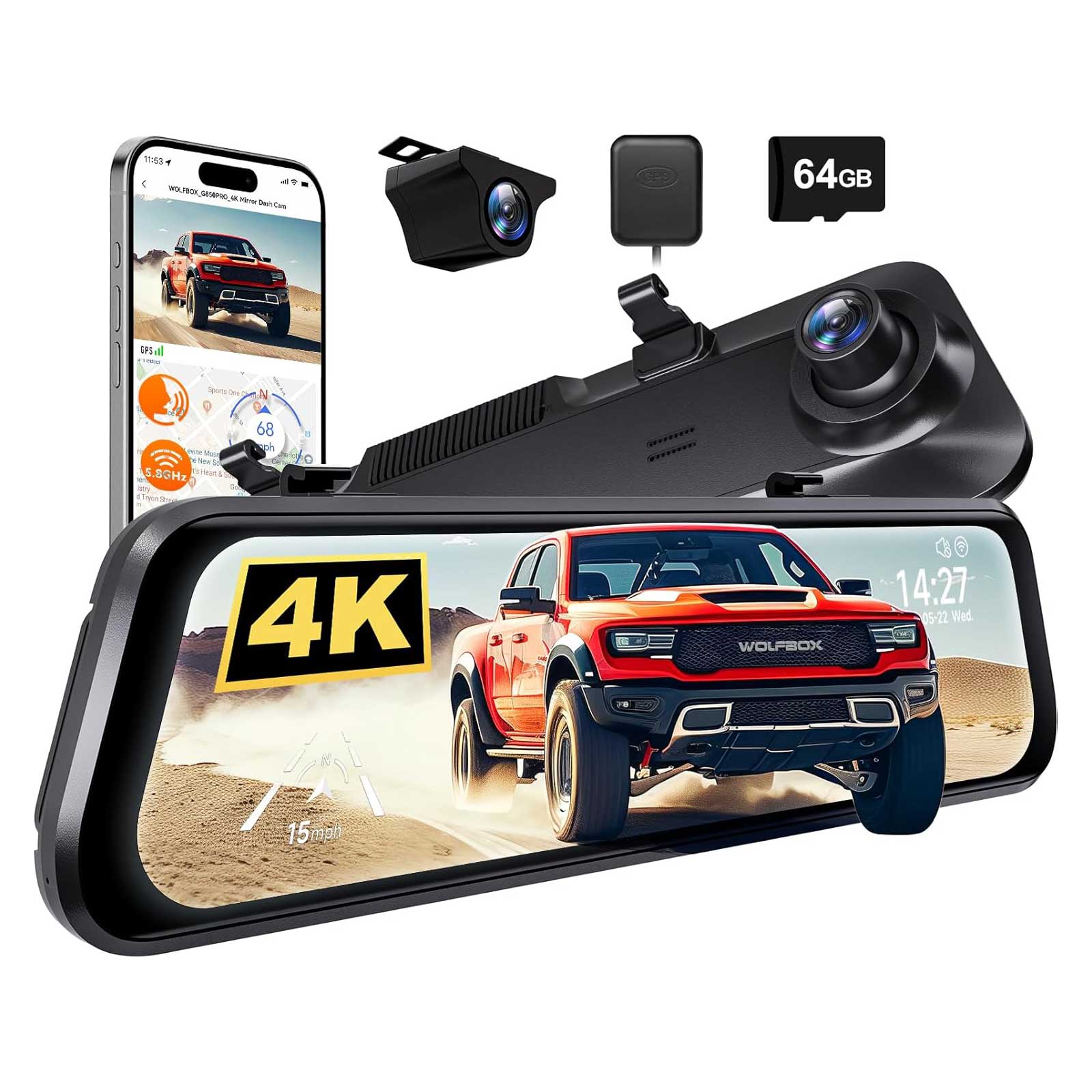 <tc>Wolfbox G850 Pro 4K Wifi GPS 64gb Mirror dashcam</tc>