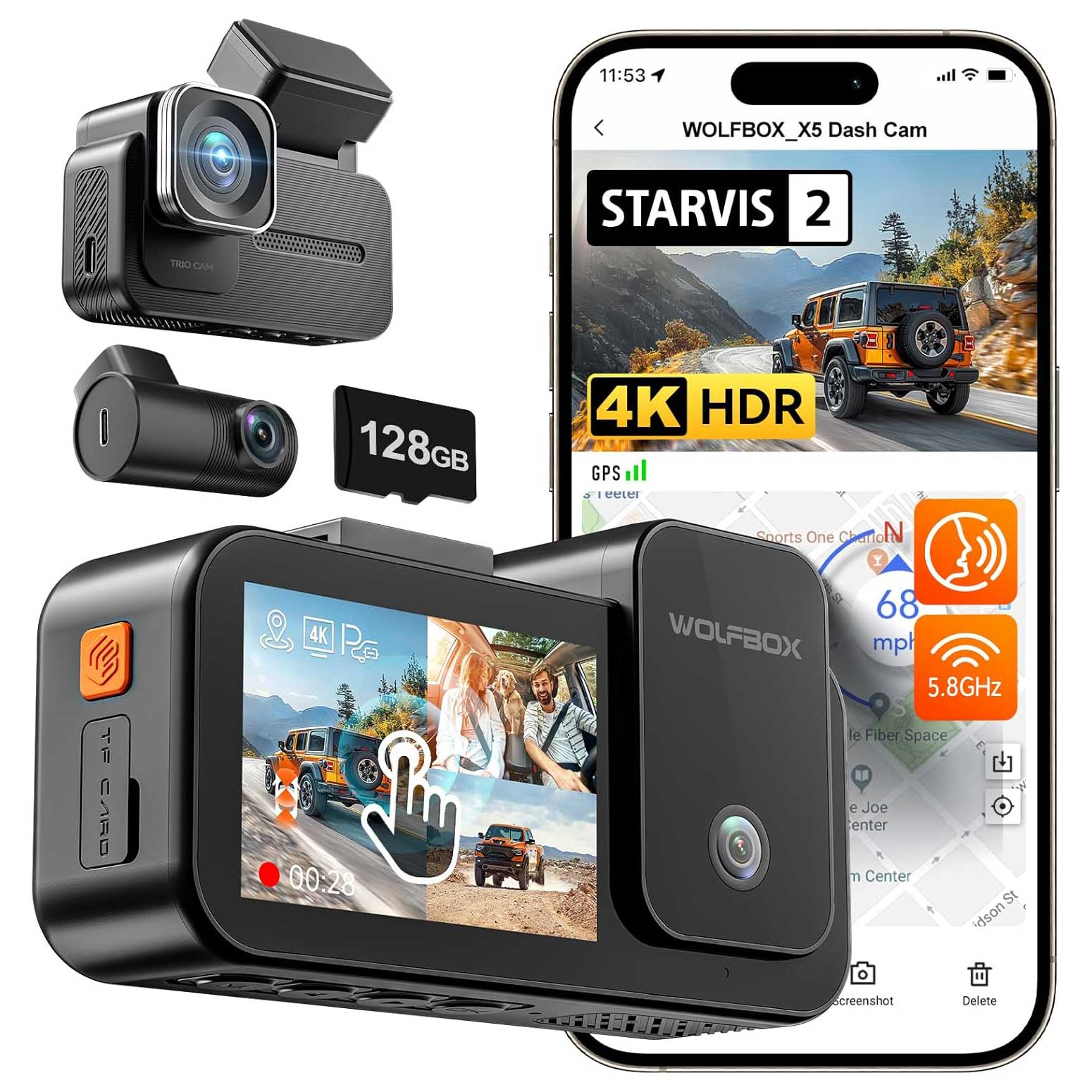 <tc>Wolfbox X5 Touch 3CH 4K Wifi GPS 128gb dashcam</tc>